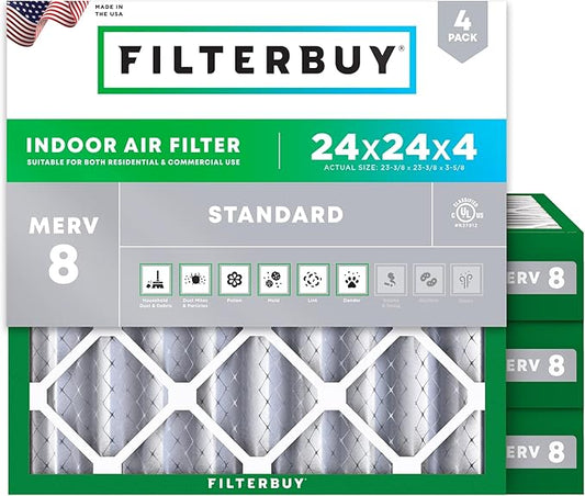 Filterbuy 24x24x4 Air Filter MERV 8 (MPR 700) Dust Defense Replacement (4-Pack), Electrostatic Pleated HVAC AC Furnace Filters, Made in USA (Actual Size: 23.38 x 23.38 x 3.63)