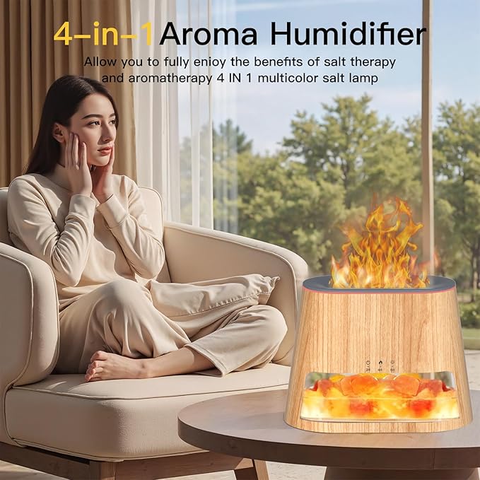 2-in-1 Ultrasonic Essential Oil Diffuser & Himalayan Salt Lamp, Aromatherapy Diffuser Cool Mist Humidifier with Auto Off Function, 100% Pure Himalayan Pink Salt Rock, 260ml (Wooden Grain)