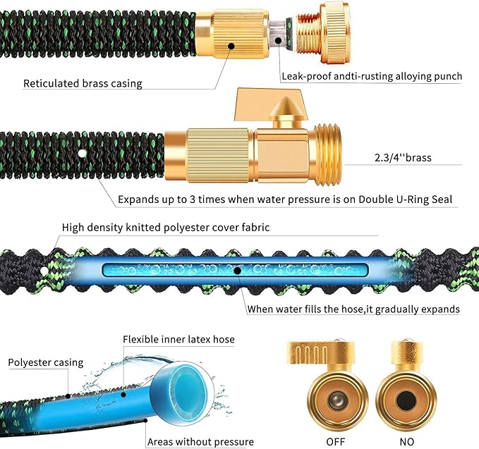100FT Expandable Garden Hose - with 10-Function Spray Nozzle - Lightweight, Flexible, 3/4" Solid Brass Fittings-Green