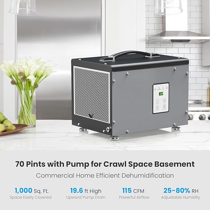 BaseAire Crawlspace Dehumidifier with Pump, Energy Star Compact Dehumidifiers for Commercial and Basement with Drain Hose, 70 PPD, Auto Defrost, GLGR Technology, Up to 1000 Sq Ft