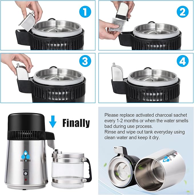 DC House Distilled Water Machine 1 Gallon, Stainless Steel Water Distiller for Home Countertop 110V 750W Purifier for Humidifier Office CPAP with Smart Switch, Glass Pot