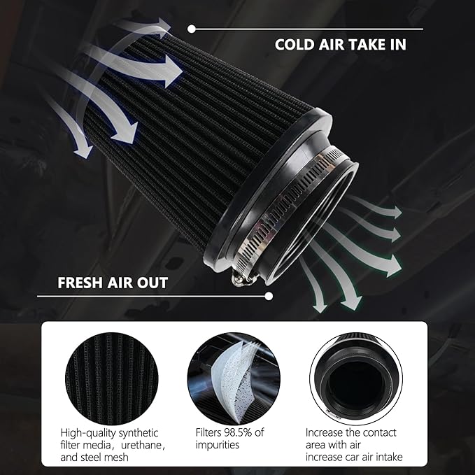 Clamp-On Cold Air Intake Filter, High Performance, Washable Filter, Replacement Air Filter, Flange Diameter 3inch/76mm Black