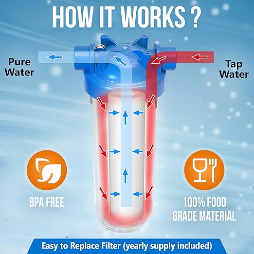 10 Inches European Design Transparent Standard Whole House Water Filter System with Presser Relief Valve, 3/4” Inlet/Outlet Brass Port and Yearly Supply (3) Granular Activated Carbon Cartridges