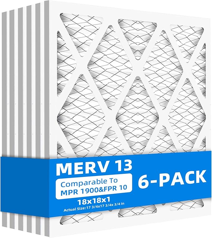 (6 Pack) 18x18x1 Furnace Air Filters, MPR 1900 & FPR 10, MERV 13 Pleated Air Filter (Actual Size: 17.75" x 17.75" x 0.75")