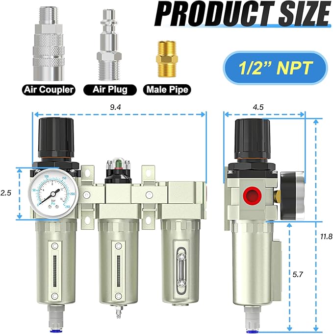 1/2" NPT Heavy Duty Industrial Grade 3 Stage Air Drying System, Auto Drain, Coalescing Filter, Particulate Filter, Desiccant Dryer and Air Regulator For Plasma Cutter and Paint Spray