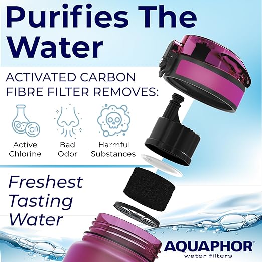Nakii Filtered Water Bottle, Leakproof, BPA-Free, Motivational Markings, Travel, Everyday Use. 40-Gallon Filter, Replaces 300 Plastic Water Bottles. Includes 1 Filter, 22 FL Oz, Pink by Aquaphor