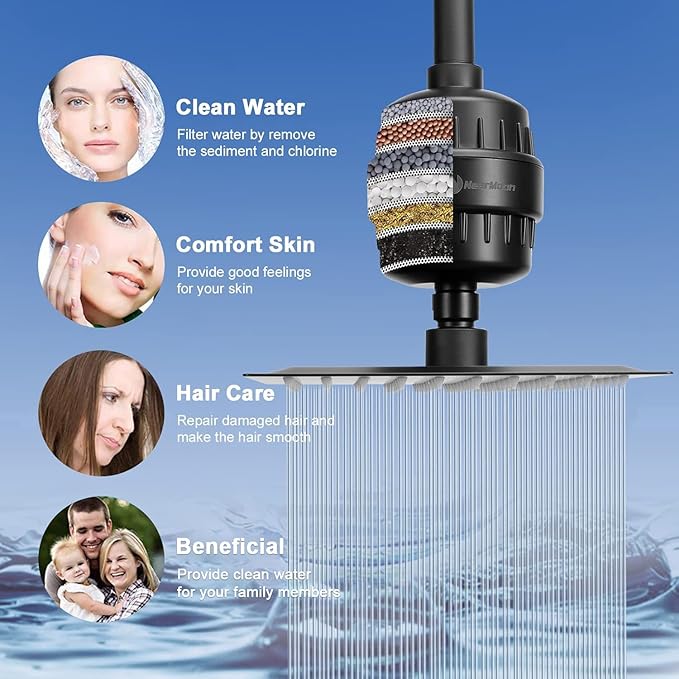 NearMoon Filtered Rain Shower Head, High Pressure 8″Square, and 5 settings Handheld Shower Filter Combo with Self-adhesive Holder/1.5M Hose -1 Replaceable Filter Cartridge (Matte Black)