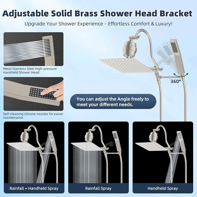 Hibbent All Metal 12'' Filtered Rainfall Shower Head Combo, High Pressure Handheld Shower Wand, 12'' Adjustable Extension Arm, 20 Stage Shower Filter, 71'' Hose, Shower Head Holders, Brushed Nickel