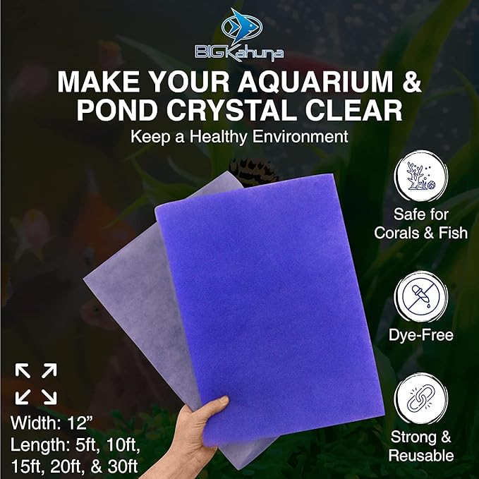 Big Kahuna Aquarium Filter Floss Rolls – 12-inch Pond and Aquarium Filter Media – 1-inch Thick Wet/Dry Aquarium Filter Pad – Bonded Filter Media Pad for Freshwater or Marine Aquariums, Ponds – 6ft
