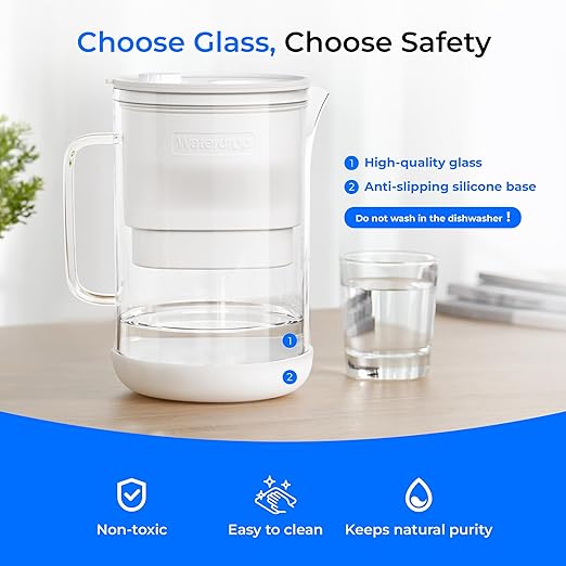 Waterdrop Large Glass Water Filter Pitcher, Eco-Friendly, with 1 NSF 53&42&372 Certified Filter, 10-Cup, Reduces PFOA/PFOS, Chlorine, Cadmium, Copper, Mercury, BPA Free, Easy to Clean, White
