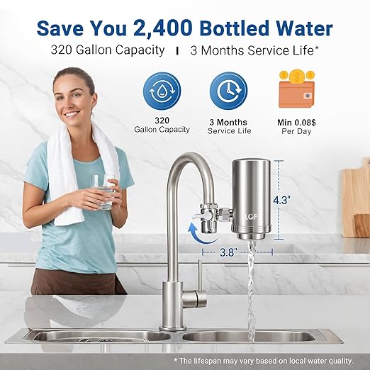 LCF 360° Rotating Stainless-Steel Faucet Water Filter - High Flow, Mineral-Enhanced Tap Water Filter, Reduces Chlorine, Heavy Metals and Bad Taste, Easy Install, 320 Gallons, Kitchen Sink Ideal