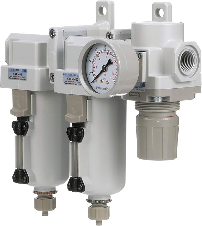 PneumaticPlus SAU430-N06G-MEP Three Stage Air Drying System Particulate Air Filter, Coalescing Filter, Air Pressure Regulator Combo 3/4" NPT - Metal Bowl, Manual Drain, Bracket, Gauge