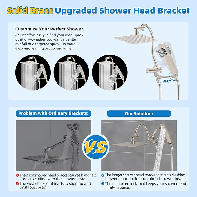 Hibbent All Metal Shower Head, 10'' High Pressure Rainfall Shower Head, Showerhead Combo, Handheld Shower Wand, 12'' Adjustable Curved Extension Arm, 71'' Hose, Shower Head Holder, Brushed Nickel