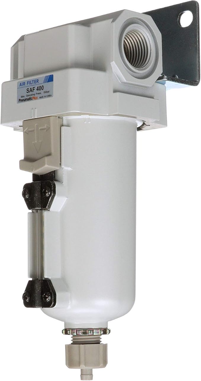 PneumaticPlus SAF400-N04B-MEP Compressed Air Particulate Filter 1/2" NPT, 10 Micron - Metal Bowl w/Manual Drain, Bracket