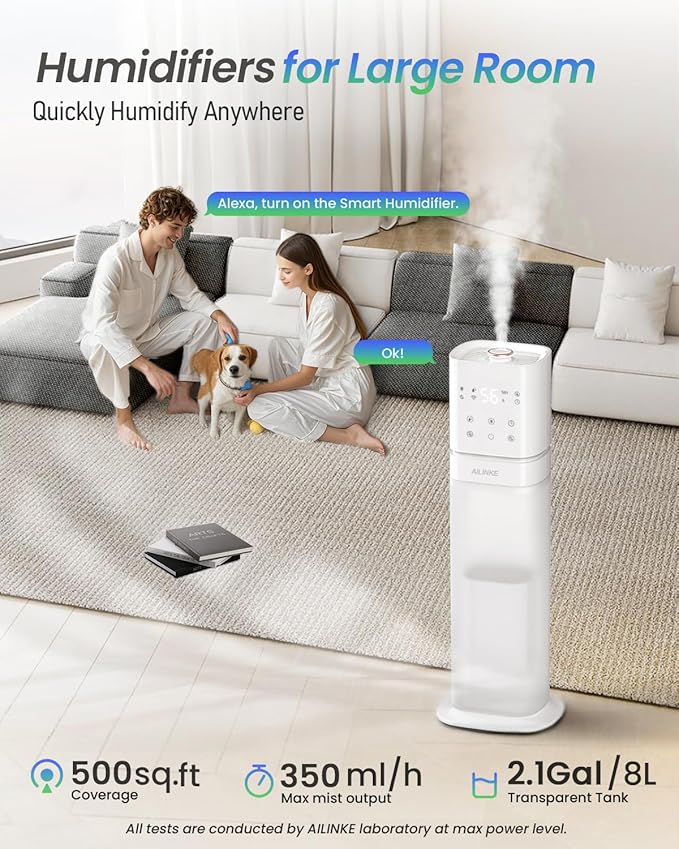 Smart Humidifier Large Room, 2.1Gal/8L Humidifiers for Bedroom with Extended Tube&Night Light, Whole House Cool Mist Humidifiers, WIFI App&Voice Control, School/Office/Warehouse, White
