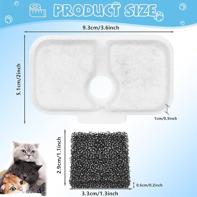 10 Pack Cat Water Fountain Filter Replacement, Compatible With PETLIBRO Dockstream 2.5L/84oz Cat Water Fountain PLWF005/PLWF105/PLWF115/PLWF305, Quiet Cat Fountain Filters with 10 Pre-Filter Sponges