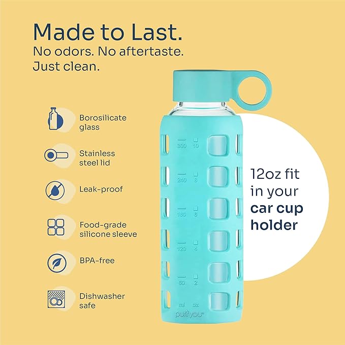 purifyou 40oz / 32oz / 22oz / 12oz Borosilicate Glass Water Bottle with Time & Volume Markers, Silicone Sleeve, Stainless Steel Lid | Reusable Glass Bottle for Water & Juice (12oz Aqua Blue)
