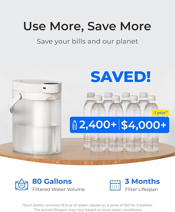 Waterdrop Rechargeable Water Filter Dispenser, 5-Stage Long-Life Instant Electric Powerful Pitcher, Reduce 70+ Contaminants, Soften Water, 15-Cup Countertop Water Filtration System, NOT Reduce TDS