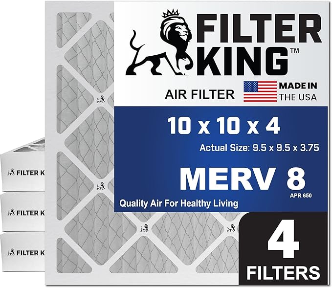 Filter King 10x10x4 Air Filter | 4-PACK | MERV 8 HVAC Pleated A/C Furnace Filters | MADE IN USA | Actual Size: 9.5 x 9.5 x 3.75"