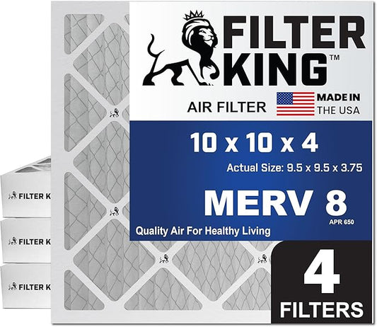 Filter King 10x10x4 Air Filter | 4-PACK | MERV 8 HVAC Pleated A/C Furnace Filters | MADE IN USA | Actual Size: 9.5 x 9.5 x 3.75"