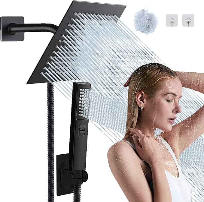 8"High Pressure Square Rain Shower Head and 2-in-1 Hand Shower.Equipped with 78"Hose, 3 Way Diverter Valve,Adhesive Shower Head Holder.(AWAXFOLO Square Shower Head Set Black)