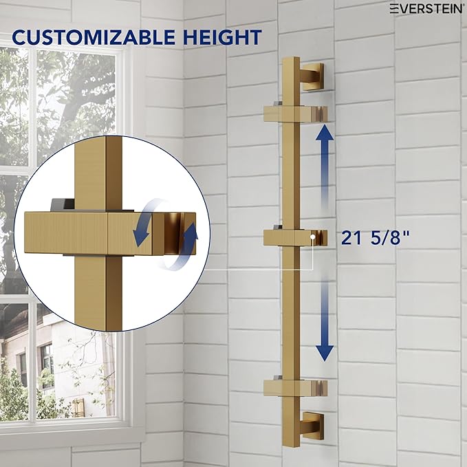 EVESTEIN Adjustable Hand Held Shower with Slide Bar, 3-Function Handshower Head with Hose, Brushed Gold