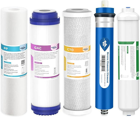 Membrane Solutions Reverse Osmosis Filter Replacement, 75 GPD Complete Replacement Filter Set For Under Sink 5-Stage Reverse Osmosis Replacement Water Filter System