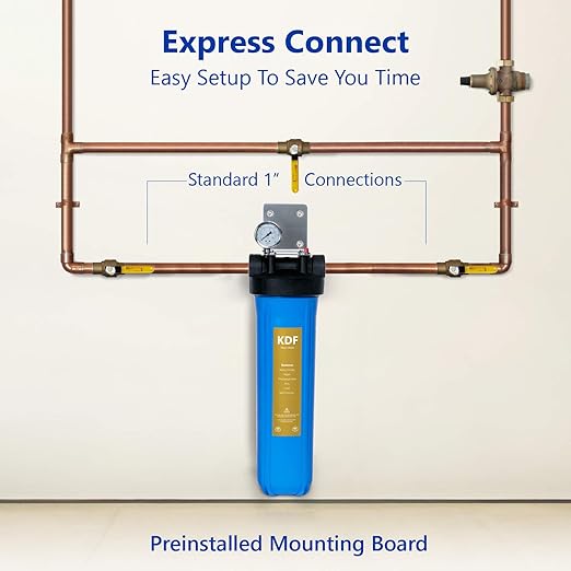 Express Water Whole House Water Filter, 1 Stage Home Water Filtration System, KDF Heavy Metal Filter, Includes Pressure Gauges, Easy Release, and 1 Inch Connections.