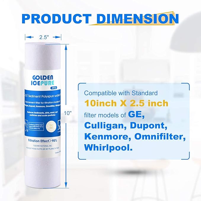 GOLDEN ICEPURE PP10 Water Filter, 5 Micron 10" x 2.5" Whole House Sediment Water Filter, Compatible with WHKF-GD05, Aqua-Pure AP110, Culligan P5, DuPont WFPFC5002, CFS110, RS14 10 inch RO System Unit