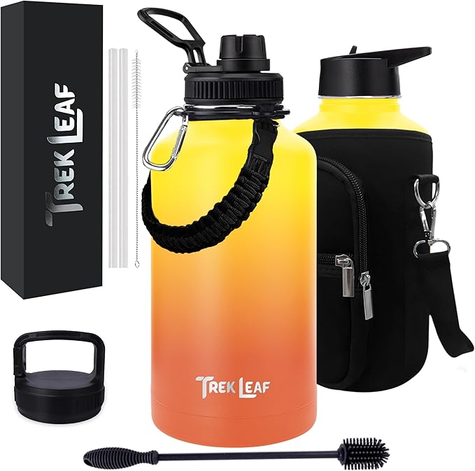 Travel Water Bottle with Carrying Bag, 3 Lids (Spout, Straw, Handle), and Bottle Brush; Leak Proof, Quality, Vacuum Insulated, Stainless Steel (Sunrise, 64 oz)