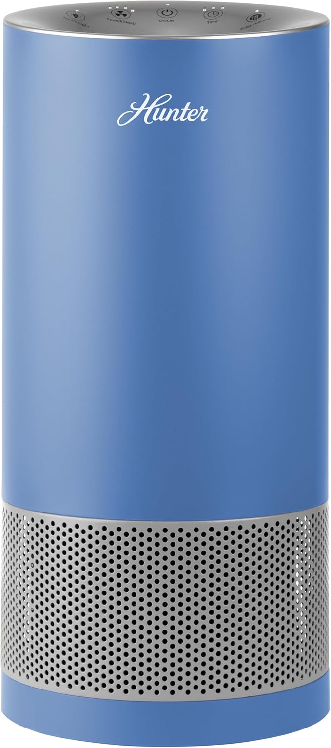 Hunter HP400 Round Air Purifiers for Home, True HEPA Air Purifier Tower for Pets, Odors, Allergens, Smoke, Dust, VOC's. HEPA Air Purifiers for Bedroom and Small Room, Denim & Silver