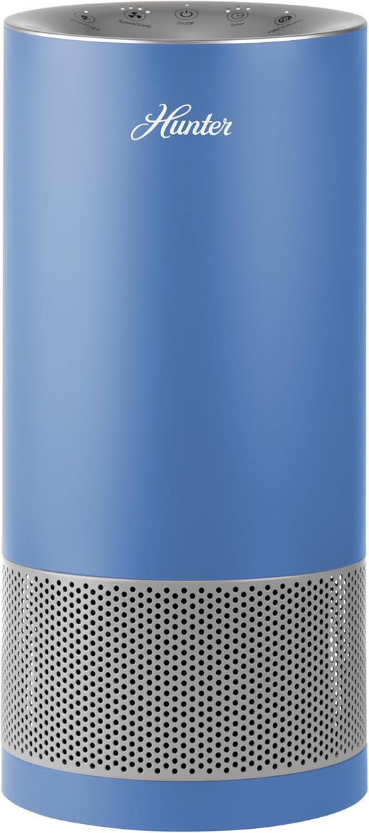 Hunter HP400 Round Air Purifiers for Home, True HEPA Air Purifier Tower for Pets, Odors, Allergens, Smoke, Dust, VOC's. HEPA Air Purifiers for Bedroom and Small Room, Denim & Silver