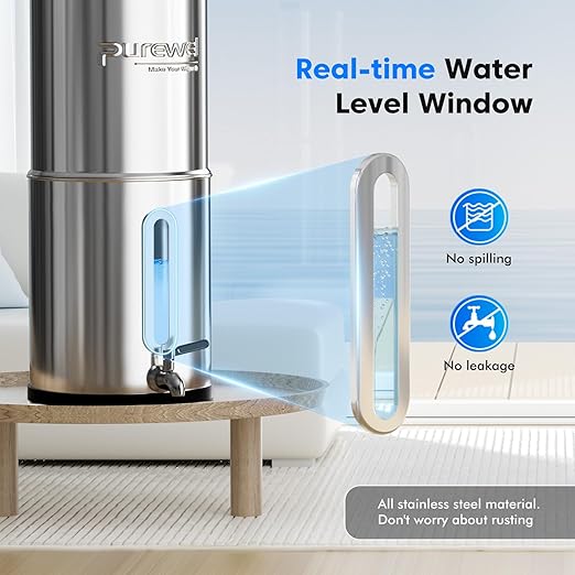 Purewell 2.25G Gravity Water Filter System with Water Level Window, 3-Stage 0.01μm Ultra-Filtration Stainless Steel Countertop System with 2 Filters and Stand, Reduce 99% Chlorine, PW-KS