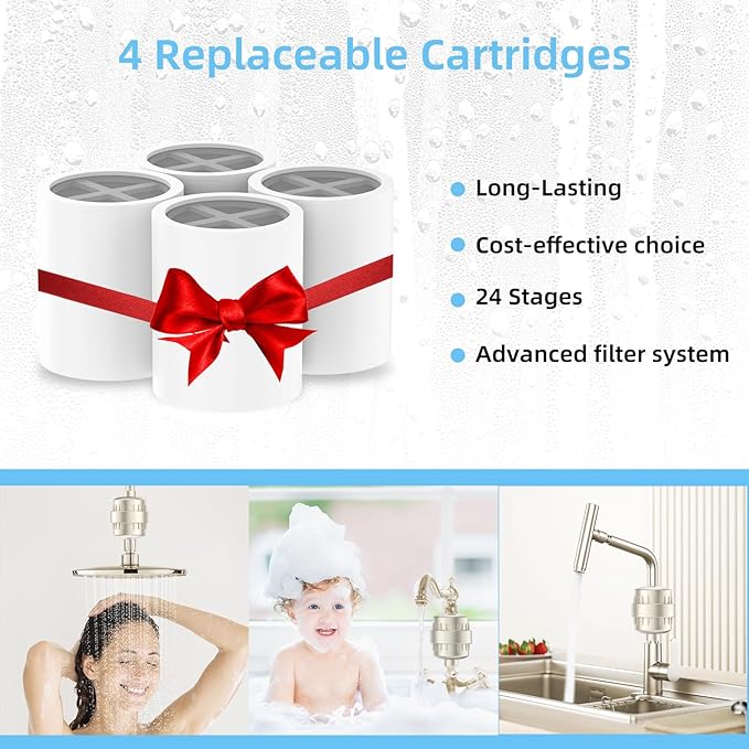 Shower Water Filter - 24 Stage Shower Filter Shower Head Filter for Hard Water with 4 Replaceable Filter Cartridges Protects Your Skin and Hair from Chlorine and Heavy Metals in Water, Brushed Nickel