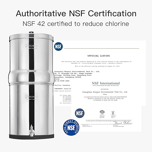 2.25G Stainless Steel Gravity-Fed Water Filter System with 2 Black Purification Filter and Metal Spigot, NSF/ANSI 42 Certification, Reduces up to 99% of Chlorine, for Home, Camping, Outdoor
