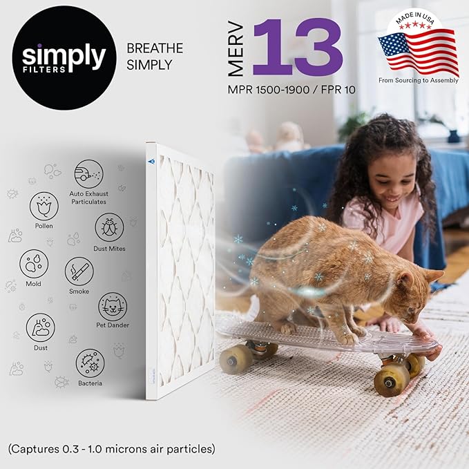 Simply 16x20x1 Air Filter, Merv 13, MPR 1500, 6 Pack, For Home AC Furnace & HVAC (Actual Size: 15.75"x19.75"x0.75") DUST, Pet, & Allergy Control
