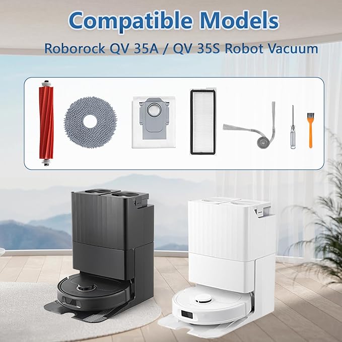 Accessories Kit for Roborock QV 35A/QV 35S Robot Vacuum, 2 Main Brush Roller, 4 Hepa Filters,4 Mop Pads, 4 Dust Bags, 6 Side Brush, 22 Pack Replacement Parts