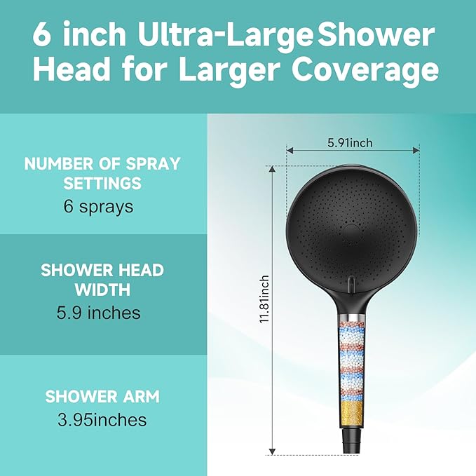 6“ Filtered Shower Head with Handheld, 6-Spray High Pressure Shower Head with Filter for Hard Water, Detachable Handheld Showerhead with Hose and Shower Arm Bracket, Matte Black