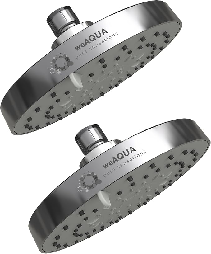 WeAQUA Shower Head High Pressure 2 PACK – 4.5 Inch, 5 Spray Settings, 72 Anti-Clog Nozzles, Easy 1-Min Installation, Fixed Shower Heads for Powerful Bathroom Upgrade (STD-SHWR-HD02)