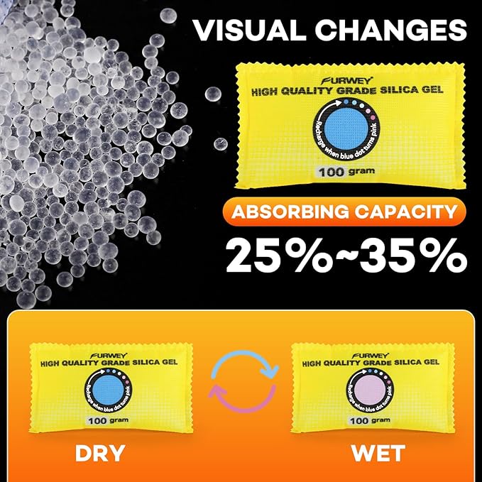 100g (6 Packs) Rechargeable Desiccant Packs for Storage, Color Indicating Silica Gel Desiccant Packets, Moisture absorbers for storage,Dehumidifier bag for Closets,Cars,Storage Bins