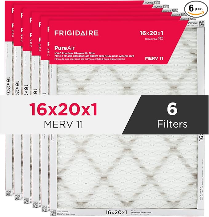 Frigidaire PureAir® 16x20x1 MERV 11 Prem Allergen Electrostatic Pleated Air Conditioner HVAC AC Furnace Filters - 6 Pack (exact dimensions 15.81 X 19.81 X 0.81)