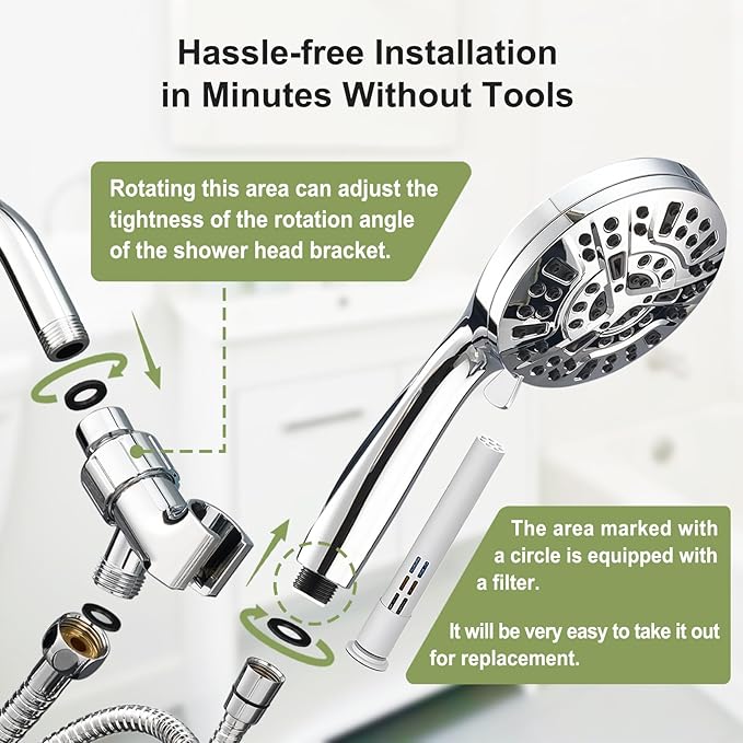 Filtered Shower Head with handheld, 10 Functions High Pressure showerhead with 79"Stainless Steel Shower Hose, Built-in 2 Power Wash, Replaceable Filter Design to Improve Water Quality (Chrome)