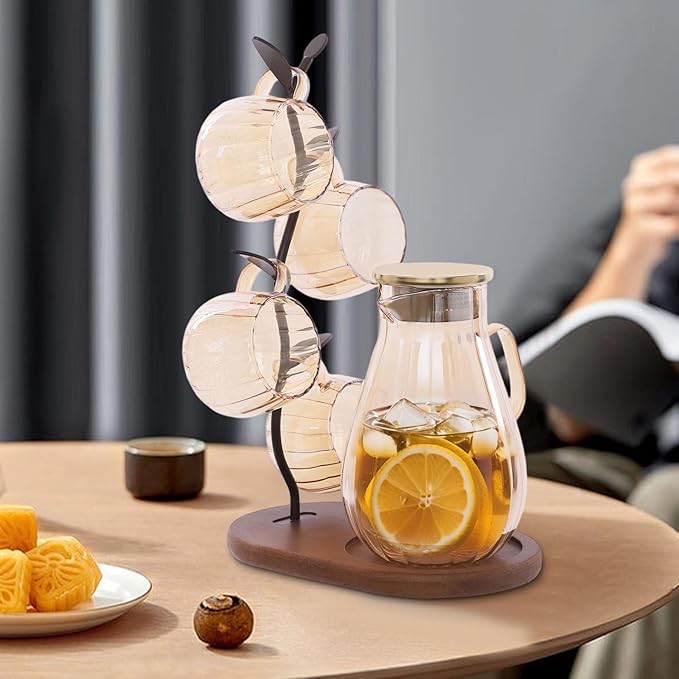 1.5L/50.72 oz Glass Pitcher with Lid & Filter, 6-Pcs Glass Pitcher Set Jug with 6 Water Glasses & Cup Storage Shelf Glasses Water Carafe for Hot/Cold Tea Beverage Large Jug for Iced Juice