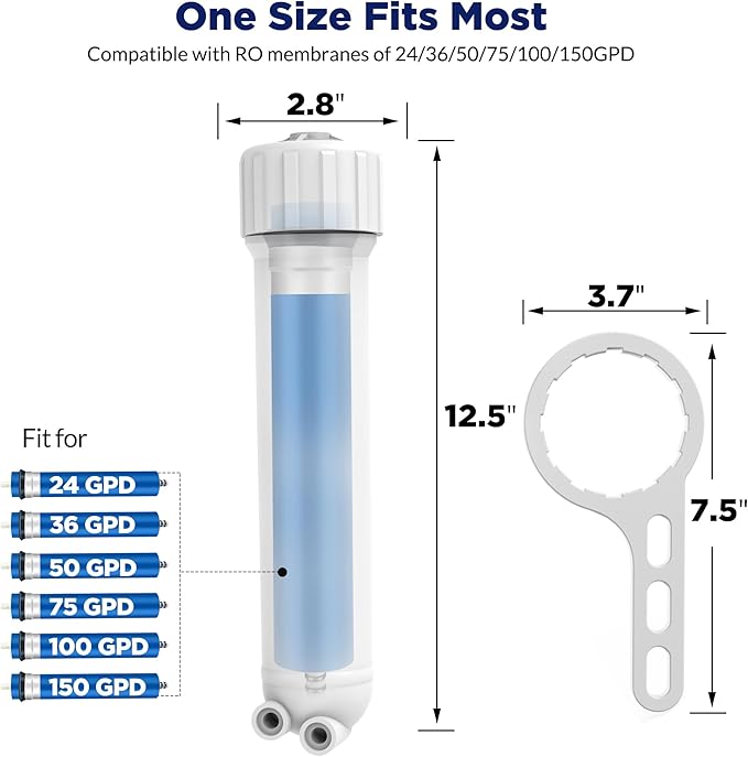Membrane Solutions 1812/2012 24-150 GPD RO Housing Kit, Reverse Osmosis Membrane Filter Housing Replacement with Elbow Fittings, Housing Wrench, Check Valve