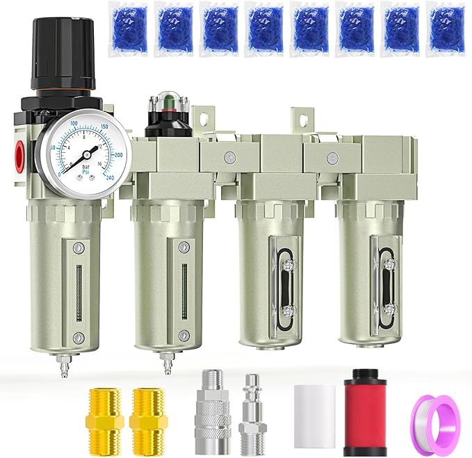 Heavy Duty Industrial Grade 3/4" NPT 4 Stage Air Drying System,Coalescing Filter,Particulate Filter,Double Desiccant Dryer and Air Regulator,Manual Drain,For Plasma Cutter and Paint Spray