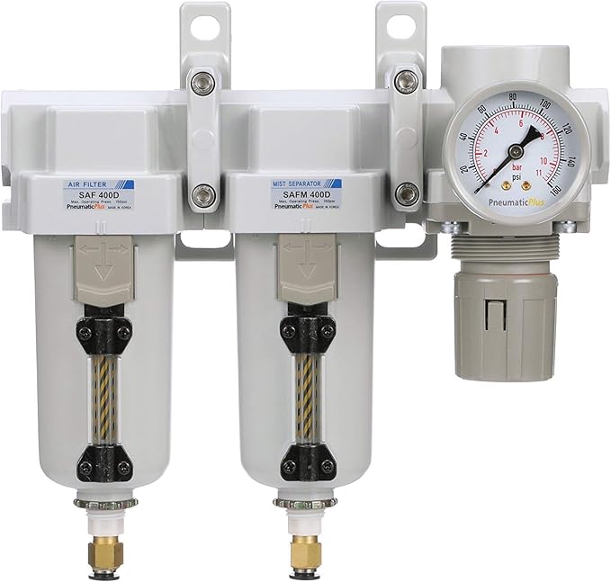PneumaticPlus SAU430-N04DG-MEP Three Stage Air Drying System Particulate Air Filter, Coalescing Filter, Air Pressure Regulator Combo 1/2" NPT - Metal Bowl, Auto Drain, Bracket, Gauge