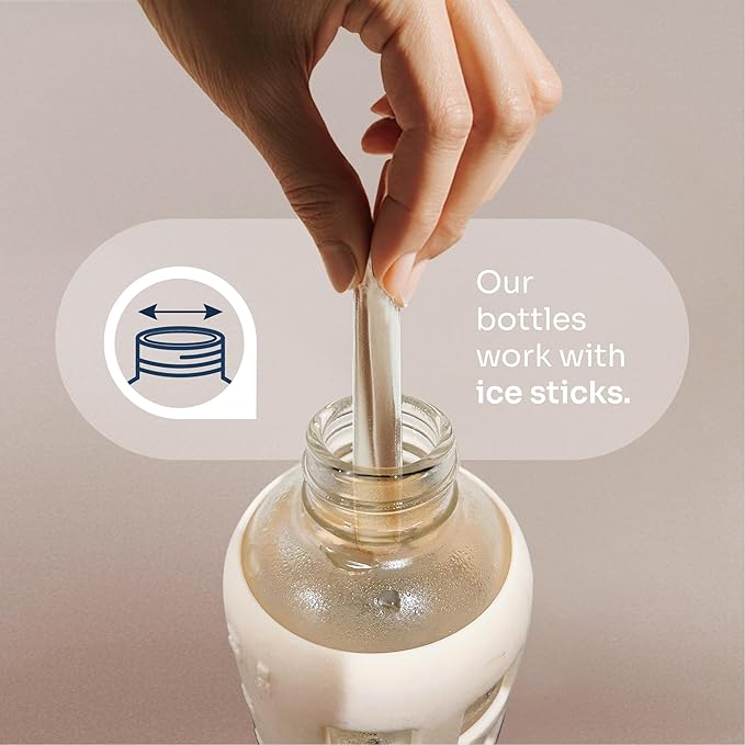 purifyou 40oz / 32oz / 22oz / 12oz Borosilicate Glass Water Bottle with Time & Volume Markers, Silicone Sleeve, Stainless Steel Lid | Reusable Glass Bottle for Water & Juice (12oz Pearled Ivory)