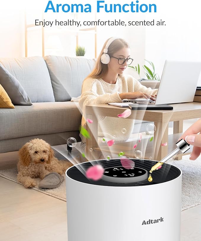 Air Purifiers for Home Bedroom, ADTARK Air Cleaner with H14 True HEPA 3-in-1 Filter, Sleep Mode & Aroma Function, 3 Light Modes, Room Air Purifier with 3 Timer for Office, Dorm, Hotel (White)