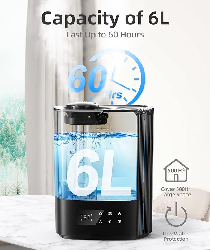 BREEZOME 6L Humidifiers for Bedroom Large Room & Essential Oil Diffuser, Ultrasonic Top Fill Cool Mist Humidifiers for Baby, Plants, Nursery Last up to 60 Hours, Smart Humidistat Control, Quiet, Black