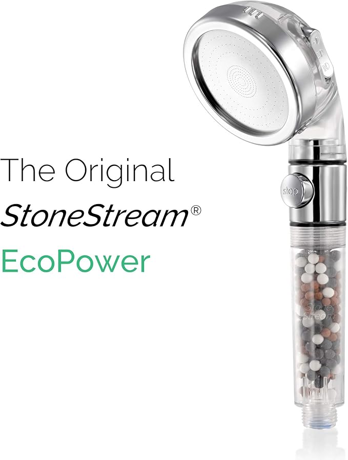 Original StoneStream EcoPower High Pressure Handheld Shower Head with ON OFF switch- 3 Spray Settings with Hose, Wall Adapter and Replacement Beads
